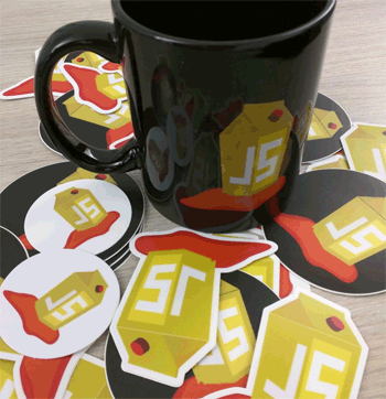 Die Juice Shop-Tasse und Sticker.