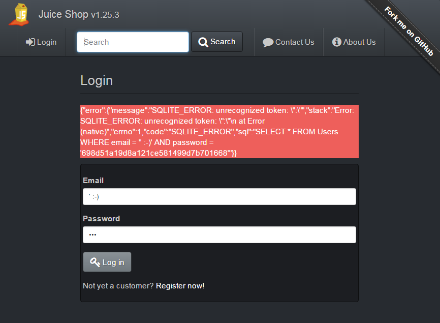 Abb.2: Login SQL Fehlermeldung. © Björn Kimminich Abb.2: Login SQL Fehlermeldung. © Björn Kimminich