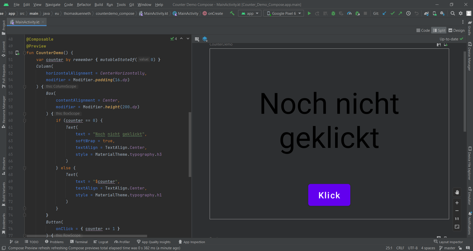 Abb. 1: Android Studio mit Quelltexteditor und Vorschau. © Android Studio