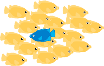 Abb. 1: Einfache Darstellung einer Anomalie. Das menschliche Gehirn ist auf Anhieb dazu im Stande, den blauen Fisch in der Gegenrichtung von den gelben Fischen zu unterscheiden. © Robert Heinlein
