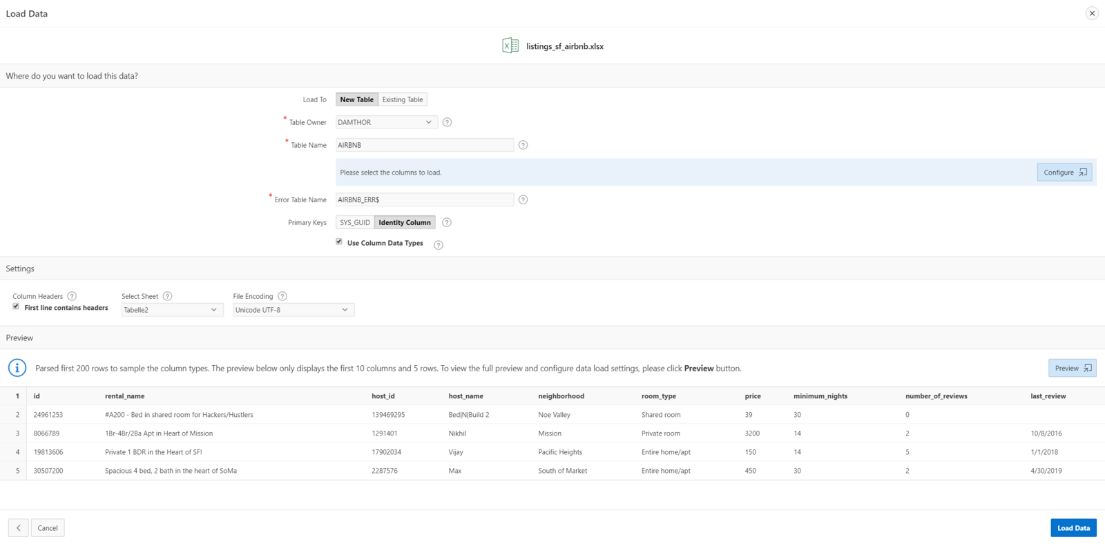 Abb. 1: APEX erkennt beim Import automatisch Spalten und Datentypen. © Oracle APEX