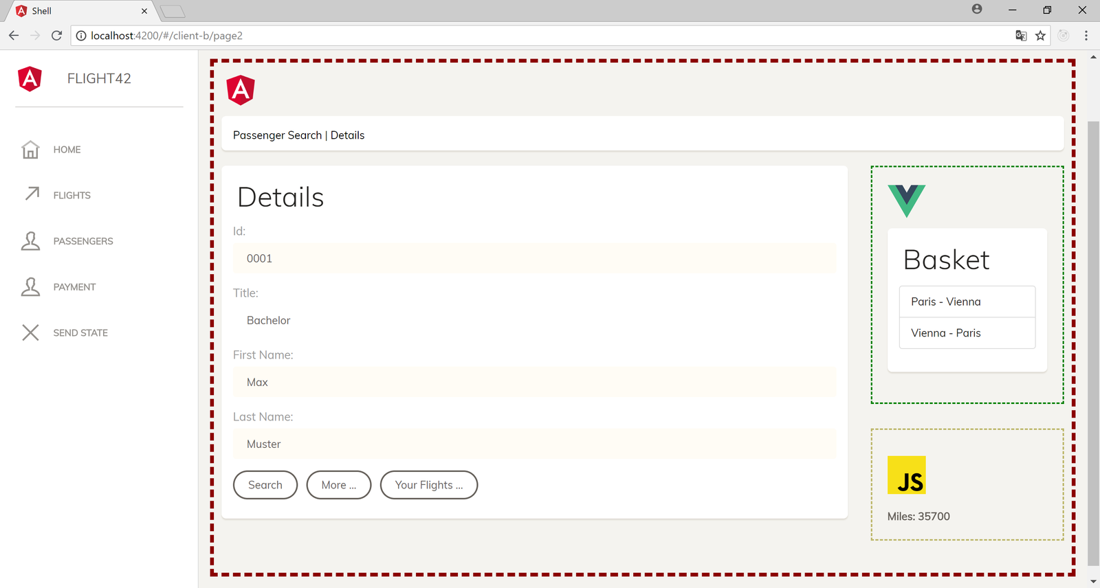 Abb. 4: Beispiel für eine Shell, die Micro Apps in Form von Web Components lädt. © Manfred Steyer Abb. 4: Beispiel für eine Shell, die Micro Apps in Form von Web Components lädt. © Manfred Steyer