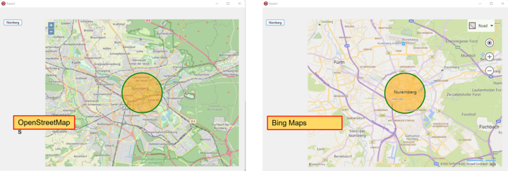 Abb. 6: Darstellung mit OpenStreetMaps (links) und Bing Maps (rechts).
