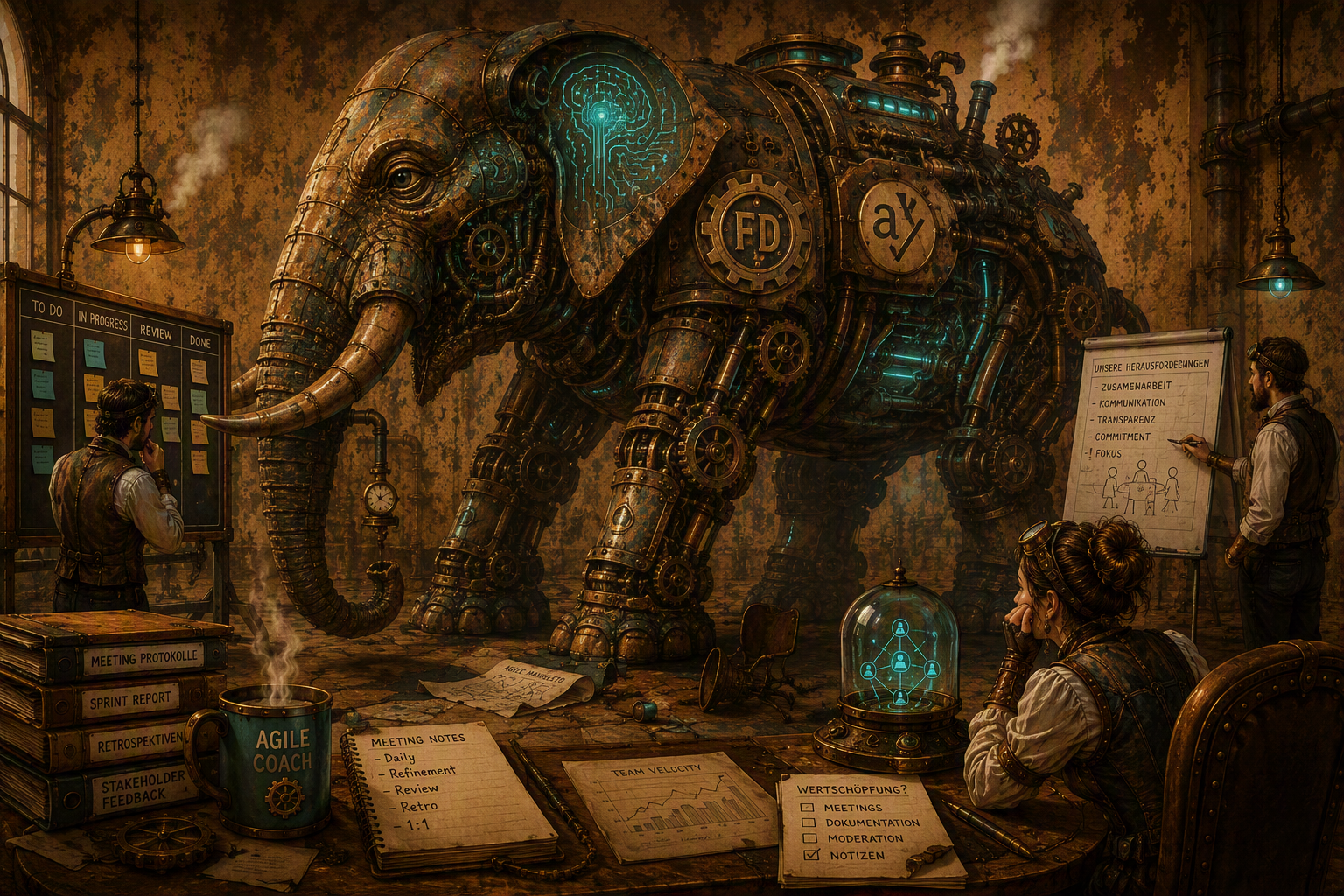 Abb.1: Agile Coaches in der KI-Ära - Der Elefant im Besprechungszimmer. Bild: David Koenig /KI-generiert mit M365 Copilot