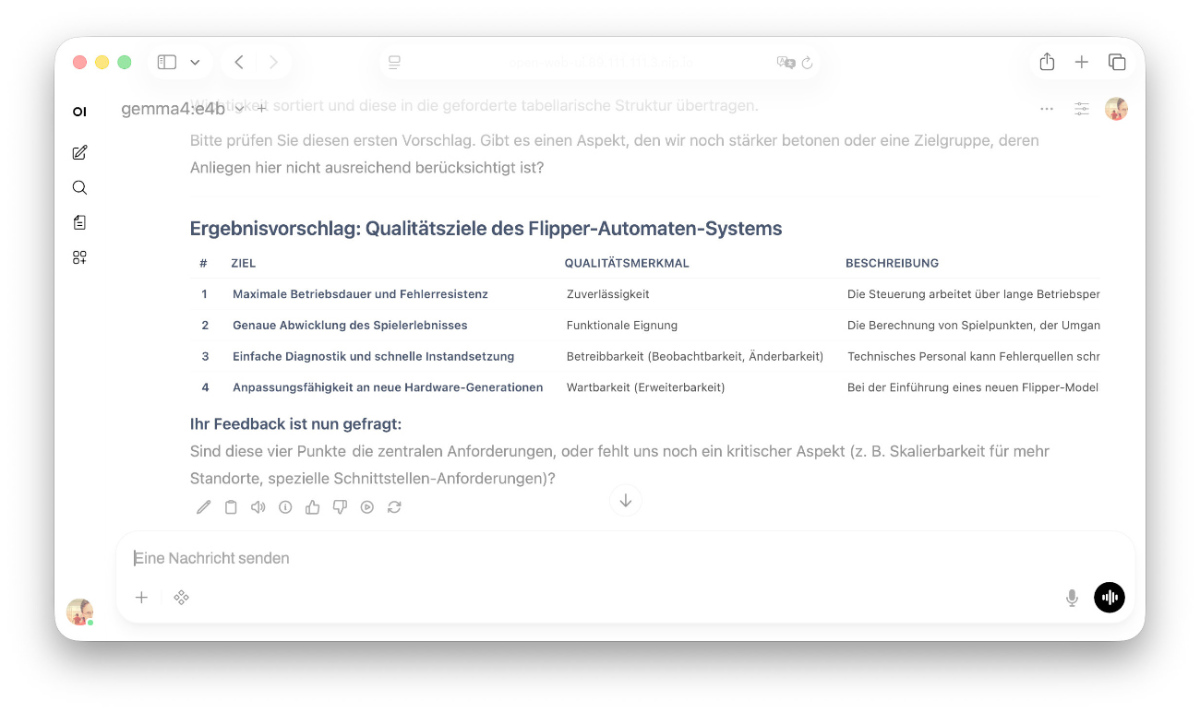 Abbildung 4: Der Agent im Austausch mit einem Ansprechpartner, betrieben mit einem lokalen  LLM. © embarc GmbH