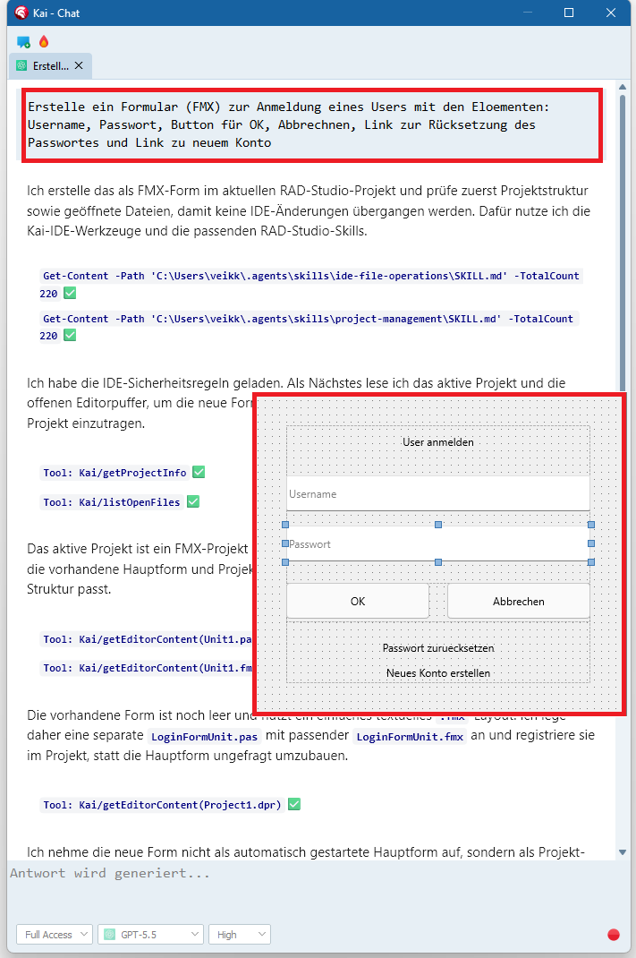 Abbildung 2: Der Kai Agent Chat erhält eine konkrete Anforderung (hier die Erstellung eines Formulars), greift auf Projektkontext zu und verwendet ein auswählbares Modell Abbildung 2: Der Kai Agent Chat erhält eine konkrete Anforderung (hier die Erstellung eines Formulars), greift auf Projektkontext zu und verwendet ein auswählbares Modell. Bild: RAD Studio IDE (eigener Screenshot).