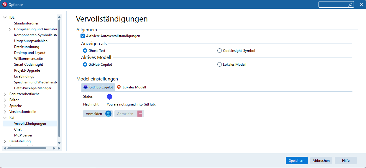 Abbildung 3: Kai ermöglicht die feingranulare Konfiguration des Einsatzes von lokalen und cloudbasierten Modellen. Abbildung 3: Kai ermöglicht die feingranulare Konfiguration des Einsatzes von lokalen und cloudbasierten Modellen. Bild: RAD Studio IDE (eigener Screenshot).