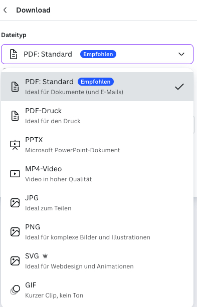 Abb. 5: Erklärung von Dateitypformaten beim Download. Quelle: Grafikdesign-Tool "Canva" Abb. 5: Erklärung von Dateitypformaten beim Download. Quelle: Grafikdesign-Tool "Canva"