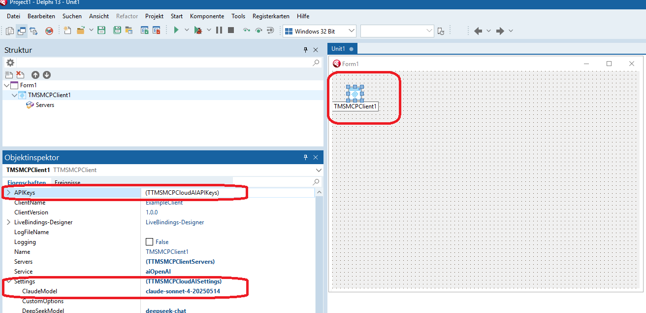 Abb. 1: Die Komponenten zur AI-Integration können komfortabel in der IDE (Delphi) konfiguriert werden. Bild: Screenshot Delphi IDE