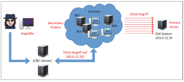 Abb. 2: DDoS-Angriff auf Befehl des Botnetz-Betreibers. © E. Amberg & D. Schmid 